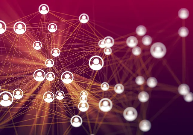 A network of people represented by small icons are connected together by strands.