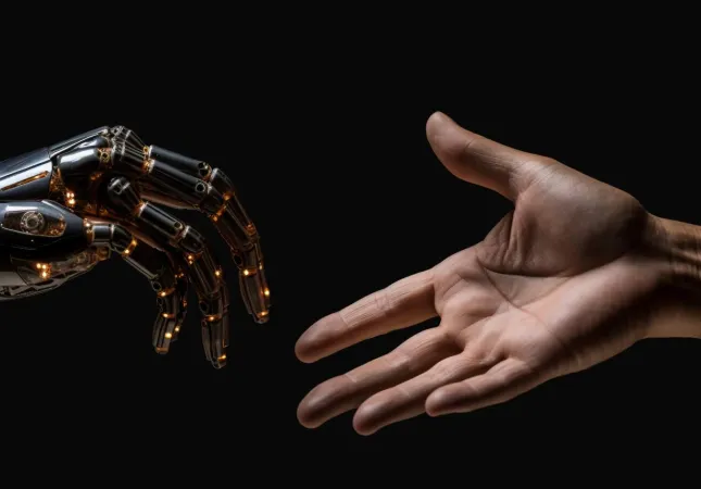 A robot hand and a human hand reaching out to each other.