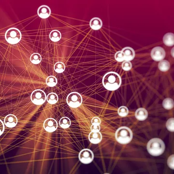 A network of people represented by small icons are connected together by strands.