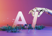 The letters 'AI' with a robotic hand holding the 'I.'